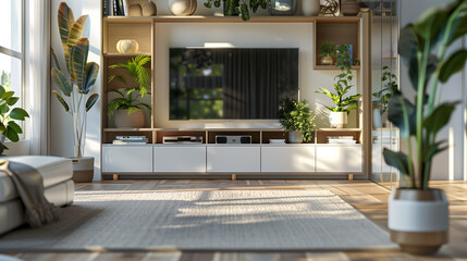 a modern white entertainment center with camel wood accents, providing both storage and style in the transitional living room.