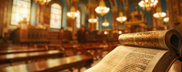 Jewish Torah Scroll Focus on a Torah scroll being read in a synagogue with ornate decor background, empty space center for text