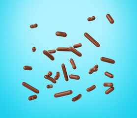 Chocolate Sprinkles For Cakes, Ice Cream And Desserts Falling On blue Background 3D Illustration
