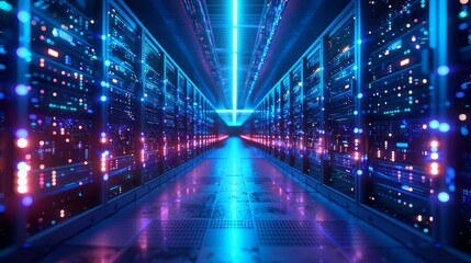 A futuristic data center with rows of servers and a bright blue light in the center.