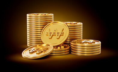 Stack Of Golden Shiny Korean Won Rounded Coins On Shiny Golden Glow Background 3d Illustration