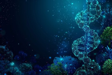 Ethereal DNA helix with soft blue luminescence against a cosmic background, blending themes of genetic research and the mysteries of the universe