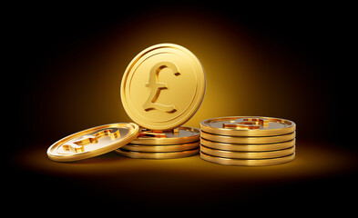 Stack Of Golden Shiny British Pound Rounded Coins On Shiny Golden Glow Background 3d Illustration