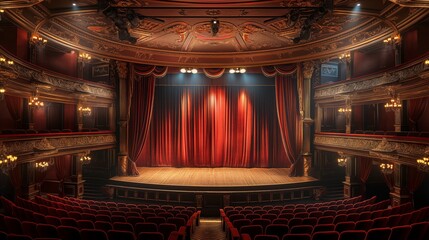 theater stage with red curtains. Vector classic theatre scene for performance, opera, concert, dance or music show. Background with glowing spotlights illumination on wooden floor and stairs