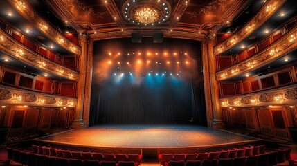 theater stage with red curtains. Vector classic theatre scene for performance, opera, concert, dance or music show. Background with glowing spotlights illumination on wooden floor and stairs