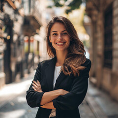 Young woman CEO in her work suit with a blurred city street background 