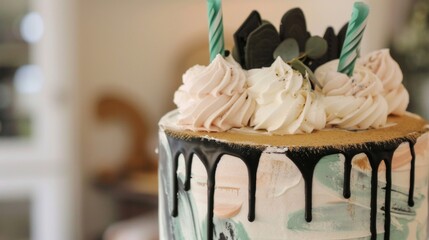 A close up of a cake with intricate icing and decorative elements