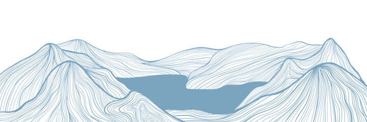 Abstract landscape illustration with mountines,lake, night sky and moon in line art style on white.  Best for deign invitation, packaging design, wall art, banner or cover. Vector illustration.