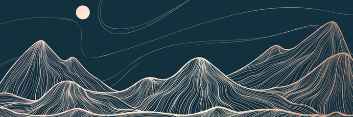 Abstract line art landscape background.Mountains and sun luxury gold wallpaper. Best for deign invitation, packaging design, wall art, banner or cover. Vector illustration.