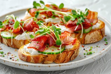 Close-up with Bruschetta with baguette, bacon or meat, cream cheese, micro-greenery, fresh cucumber and sprouts, on white plate on white textured background. Antipasto - generative ai