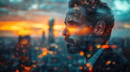 multiple exposure shot of handsome young businessman superimposed on a cityscape