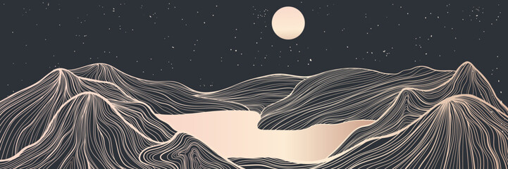 Abstract luxury gold landscape illustration with mountines,lake, night sky and moon in line art style.  Best for deign invitation, packaging design, wall art, banner or cover. Vector illustration.