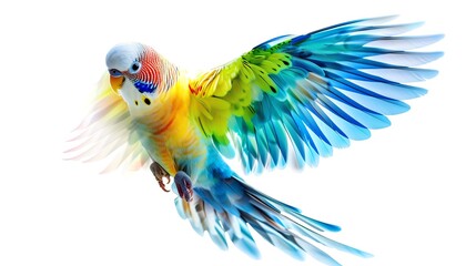 Fototapeta premium floating budgie, isolated on white background, close up, dazzling colors, Double exposure silhouette with aviary