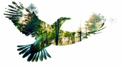 soaring kiwi, isolated on white background, focus on, brilliant colors, Double exposure silhouette with forest scene