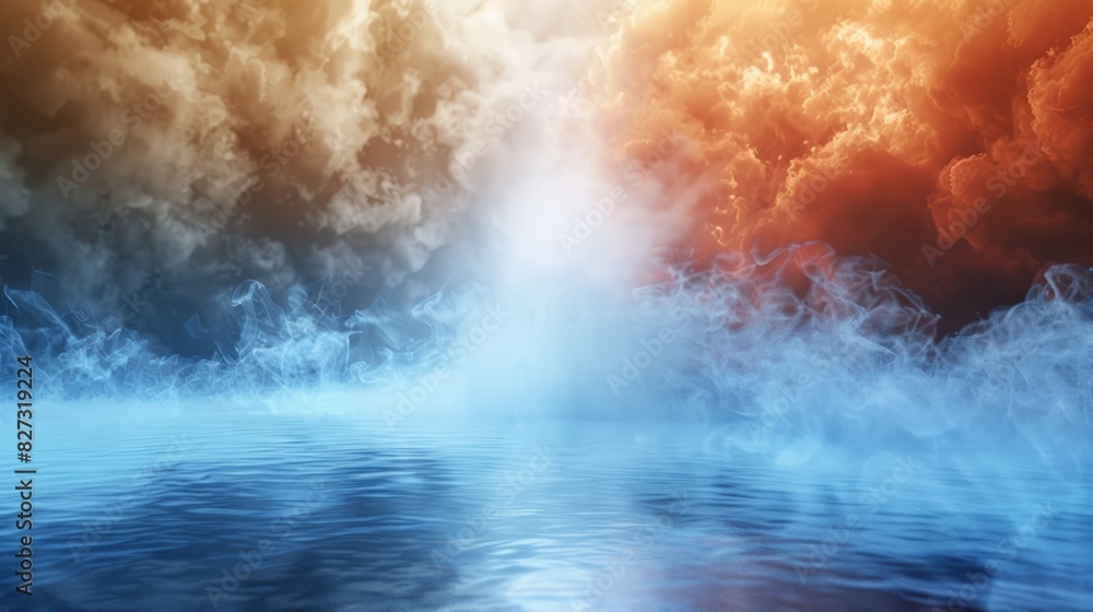 Poster dynamic fire and ice background with fog and dramatic godrays - 3d illustration of contrasting eleme