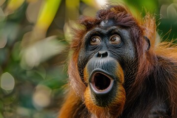 Closeup of a surprisedlooking orangutan with mouth agape against a blurred green background