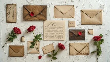 a romantic and timeless composition featuring elements like vintage love letters roses or other symbols of romance on a white texture background