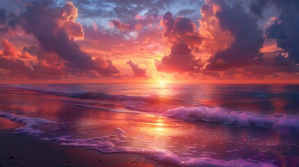 summer sunset overtranquil beach, with the sky in soft fluffy hues of orange and purple