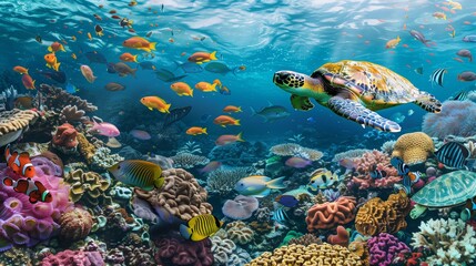 Fototapeta premium Colorful fish swim among vibrant coral reefs as a turtle glides gracefully, creating a breathtaking scene.