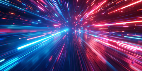 Futuristic data stream with vibrant blue and red light trails in a digital matrix environment. Vivid light trails in a digital cyber grid with glowing blue and red hues creating a dynamic visual effe
