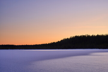 Vibrant blue sunset over the water with evergreen trees.