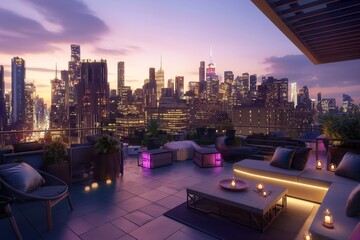 A contemporary rooftop lounge with AI-managed soundscapes, creating the perfect ambiance for...