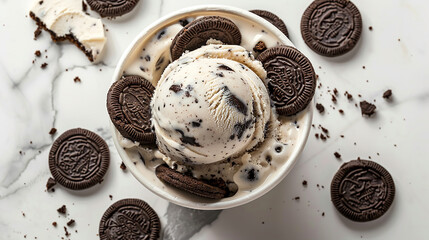 Wide banner photo of delicious scoop of cream white color cookies n cream ice cream sorbet on a icecream cup with brown color cookies around in white background