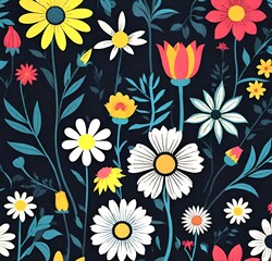 Obraz premium seamless floral pattern, seamless, floral, nature, daisy, spring, flowers, summer, vector, plant, wallpaper, design, illustration, camomile