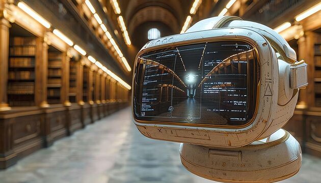 A futuristic headset in a classic library setting, blending old and new technologies.