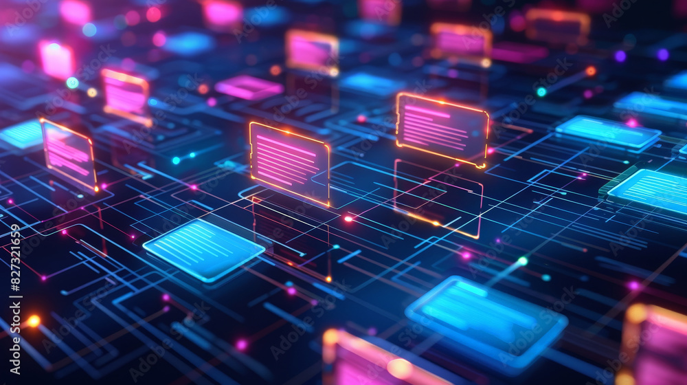 Poster abstract network grid with files and folders, futuristic software interface, digital document manage