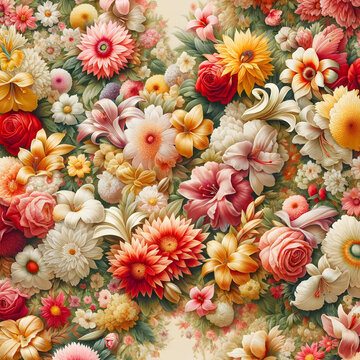 Ein pr&auml;chtiger Blumenteppich aus verschiedenen Blumenarten, darunter Rosen, Lilien und G&auml;nsebl&uuml;mchen, in einem &uuml;ppigen und farbenfrohen Muster. Ideal f&uuml;r festliche Dekorationen und Feierlichkeiten.