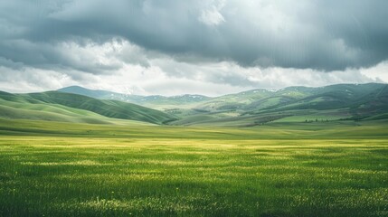 Fototapeta premium Green grass blankets the foothills under cloudy skies