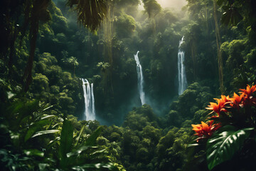 Waterfall in a tropical forest on an alien planet at dawn.