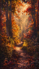 Autumnal Pathway in Enchanted Forest: Vibrant Foliage Illuminated by Golden Sunlight in Serene Landscape