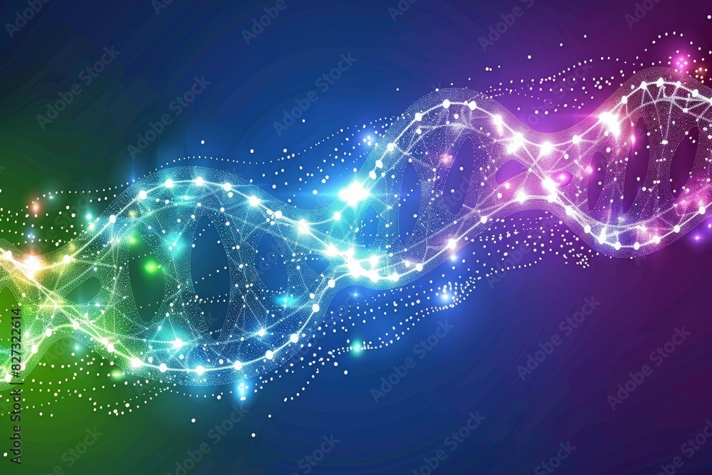 Poster glowing dna helix with multicolored particles on a dark gradient background, representing advanced g