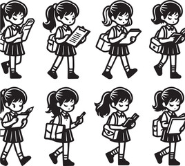 Student Girl carrying paper and Pencil Vector Illustration Silhouette