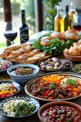 Obraz premium Assorted Mediterranean dishes on a table, colorful and appetizing