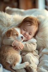 Baby and puppy hugging with happy expressions Adorable, heartwarming