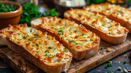 Cheesy garlic bread slices on a wooden board, sprinkled with herbs