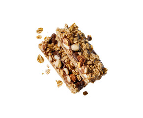 Obraz premium Healthy granola cereal bars with oats, nuts, and chocolate of stacked almond granola bars with loose almonds on transparent background Ai generative.