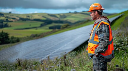 Obraz premium man working at the solar panel installation mature man wearing reflective clothing fills out the necessary paperwork working at solar farm