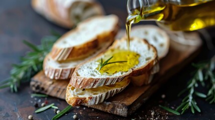 Olive oil pouring over fresh ciabatta bread with herbs