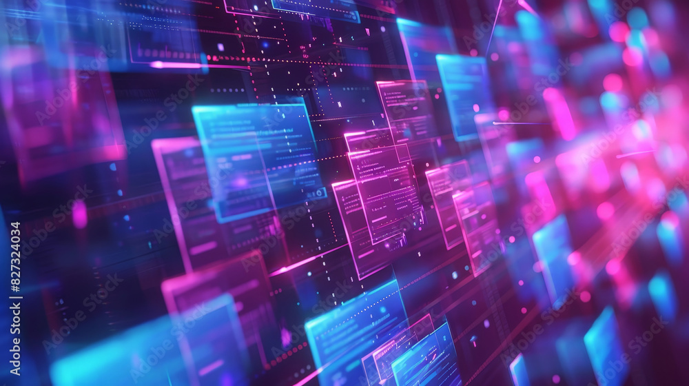 Poster abstract network grid with files and folders, futuristic software interface, digital document manage