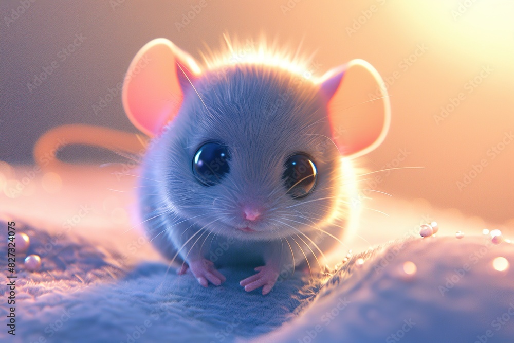 Sticker cute animal baby mouse with a round body and large glowing pupils, edge light with a soft pastel bac