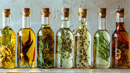 Bottles of Infused Olive Oil with Various Herbs and Spices