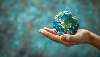 Hand holding a miniature Earth, soft blue background, surreal