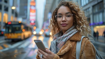 confident businesswoman using smartphone while crossing street in city