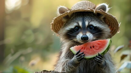 Raccoon wearing a straw hat, holding a slice of watermelon, cute scene