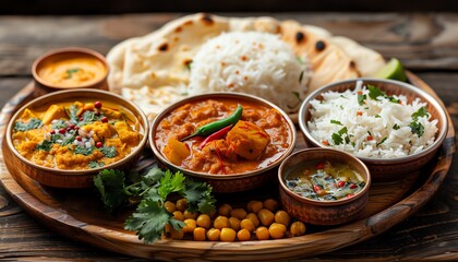 Traditional Indian thali with a variety of dishes, served on a wooden table