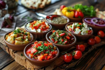 Fototapeta premium Vibrant selection of mediterranean starters served in small bowls on a rustic wooden board